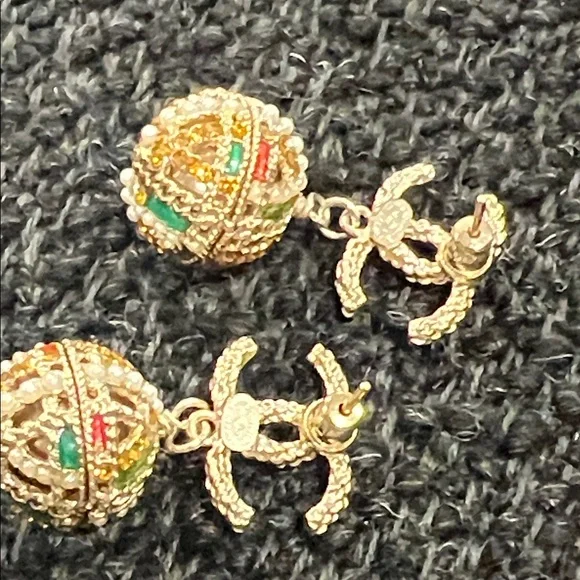 CHANEL Gold-Tone Double C Drop Earrings with Multicolor Enamel and Pearl Accents - Picture 9 of 15